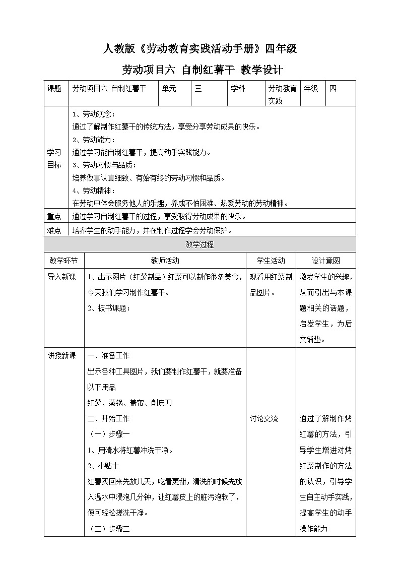 【人教版】四下劳技 项目六《自制红薯干》课件+教案+素材01