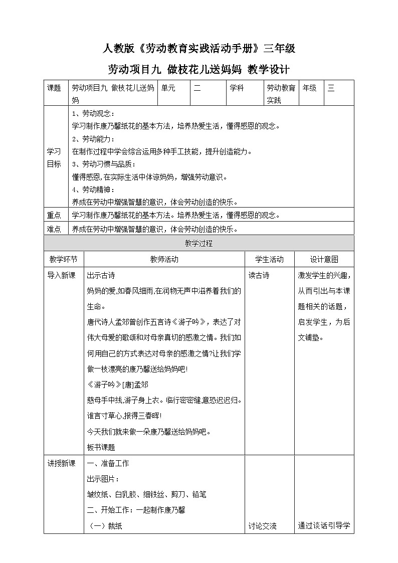 【人教版】三下劳技  项目九 做枝花儿送妈妈 课件+教案+素材01