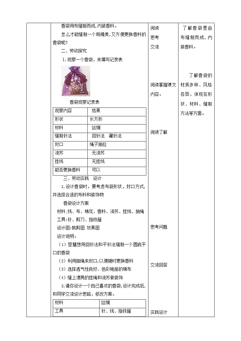 浙教版四年级下册劳动项目三任务一《缝香袋》教案第2页