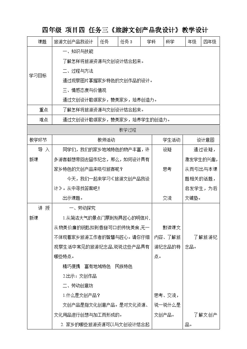 浙教版四年级下册劳动项目四任务三《旅游文创产品我设计》教案第1页