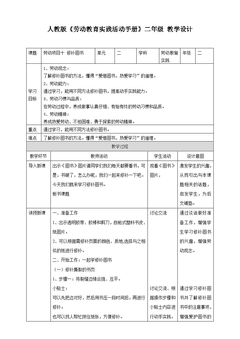 【核心素养目标】人教版劳动教育二年级下册 项目一0《修补图书》课件+教案+素材01