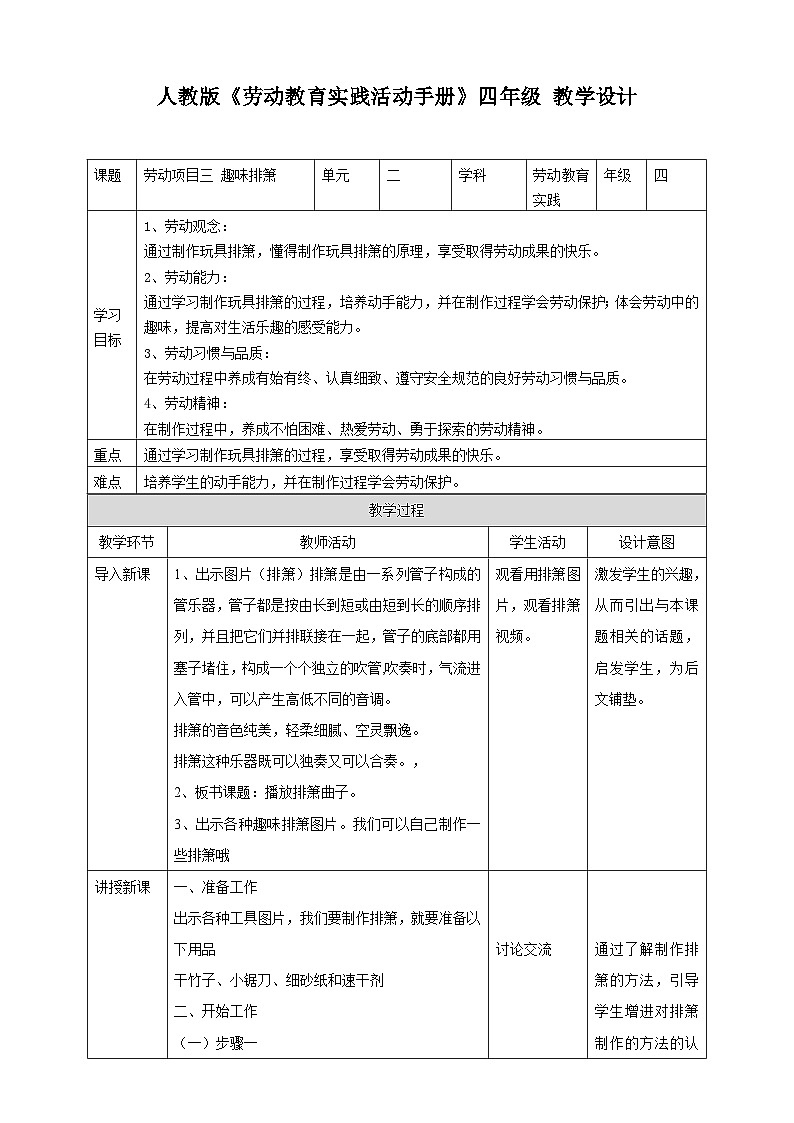 人教版四下劳技 项目三《趣味排箫》教案第1页