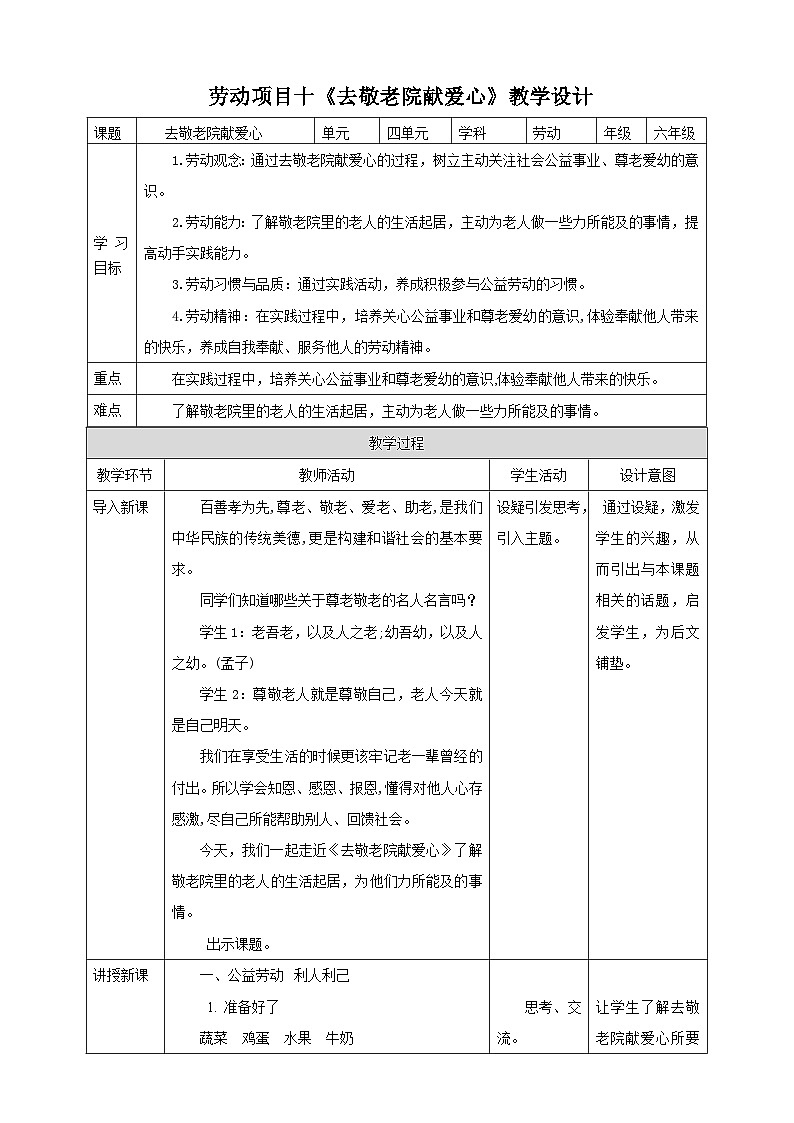人教版六下勞技 項(xiàng)目十《去敬老院獻(xiàn)愛心》教案第1頁(yè)
