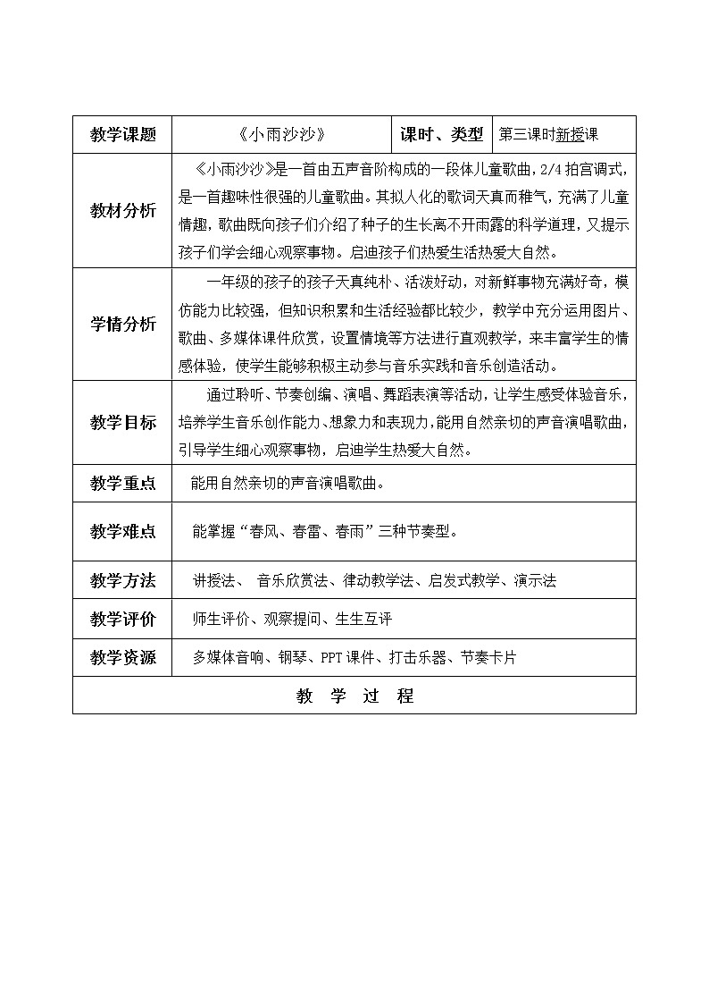 一年级下册音乐教案 1 小雨沙沙 人音版(五线谱)第1页