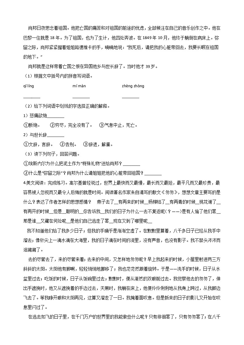 六年级下册语文试题--2020年小升初专题训练:现代文阅读(二)人教部编版(含答案)第3页