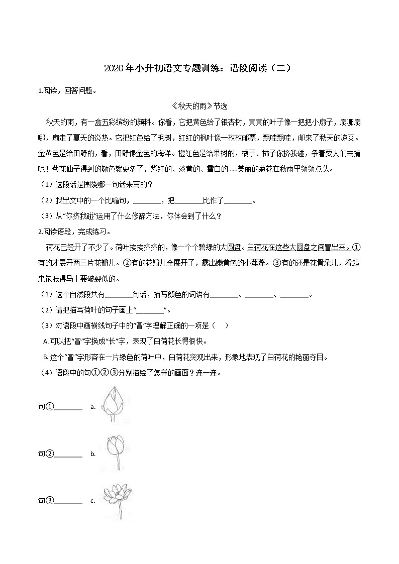 六年级下册语文试题-2020年小升初专题训练:语段阅读(二)人教部编版(含答案)第1页