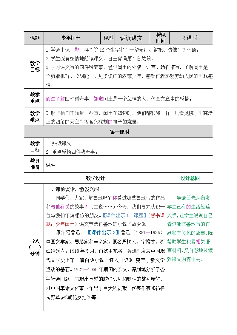 人教部编版六年级上册24 少年闰土教学设计及反思