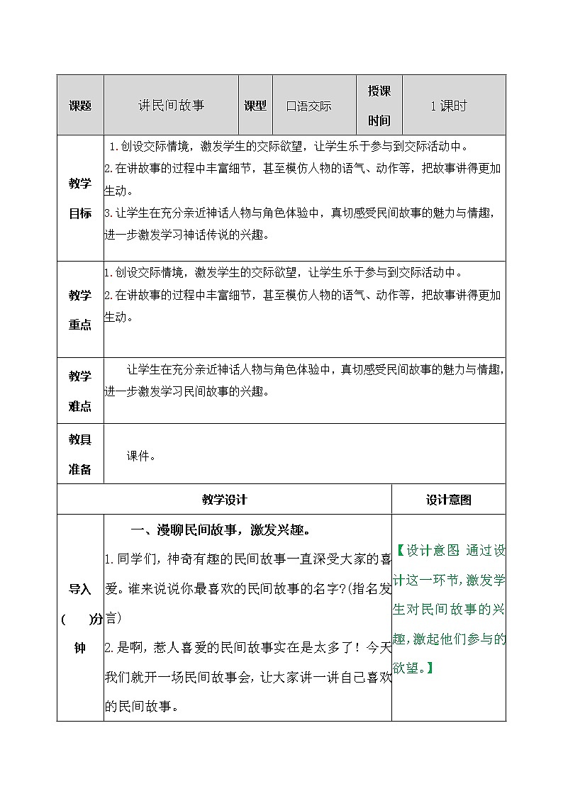 部編版五年級(jí)語(yǔ)文上冊(cè)口語(yǔ)交際：講民間故事 教案第1頁(yè)