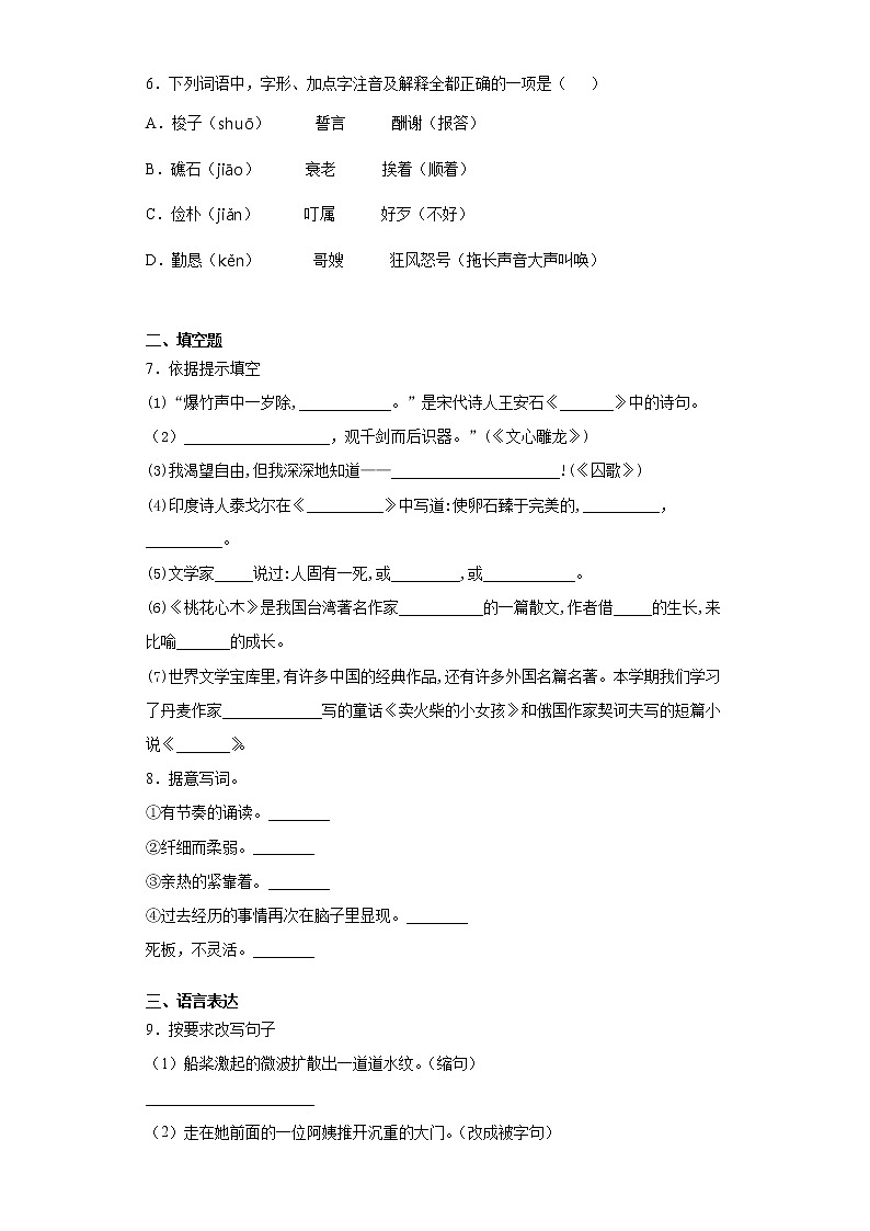 暑假预热——2021年上海市小升初语文练习试题(十二)第2页