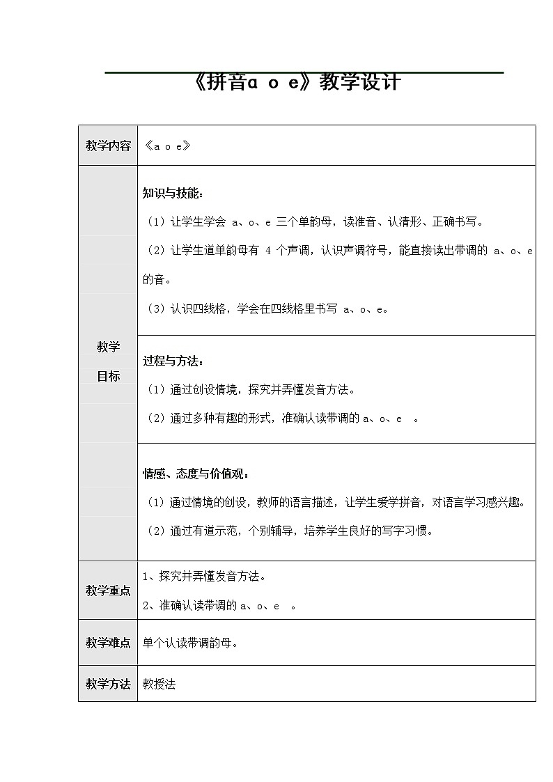 人教部编版一年级语文上册汉语拼音1《aoe》教案教学设计优秀公开课 (2)第1页