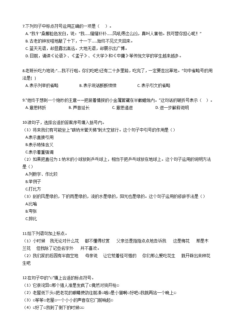 小升初语文基础知识专题练习:标点符号(三)(Word版,含答案)第2页
