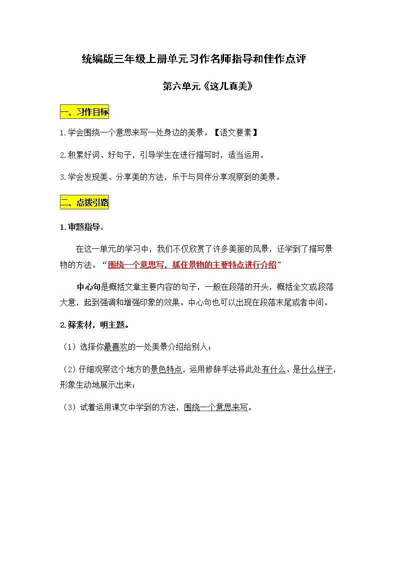 小学语文人教部编版三年级上册习作：这儿真美学案