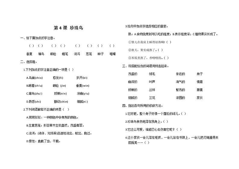 五年级上册语文第4课 珍珠鸟 练习题及答案01