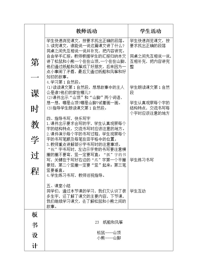 人教版语文二年级上册表格式教案(每课后有反思）第八单元--23.纸船和风筝03