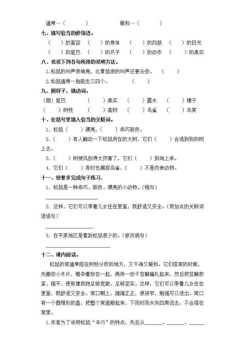 五年级上册语文同步练习-第17课 松鼠 部编版(含答案)第2页