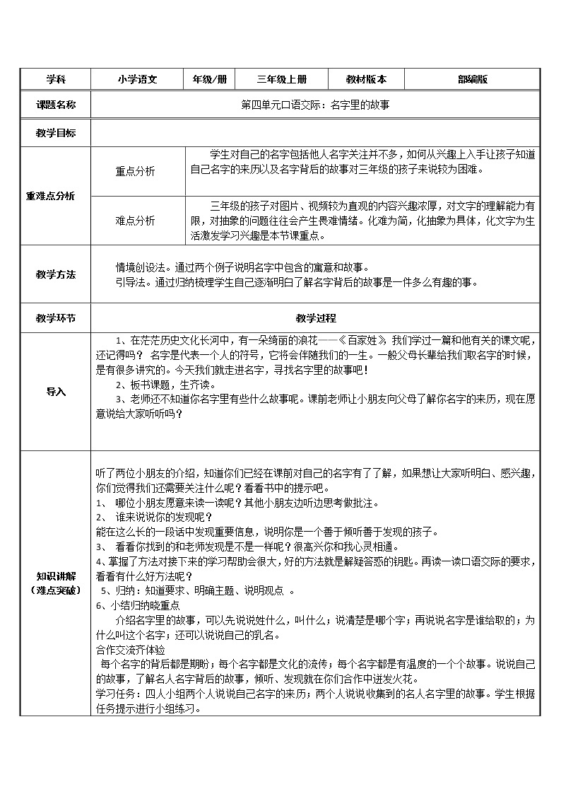 三年级语文上册教案-口语交际：名字里的故事-部编版01