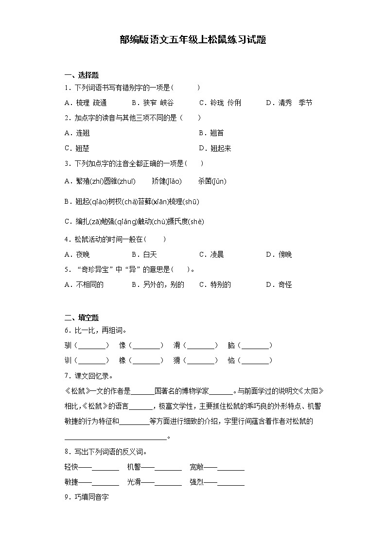部编版语文五年级上松鼠练习试题第1页