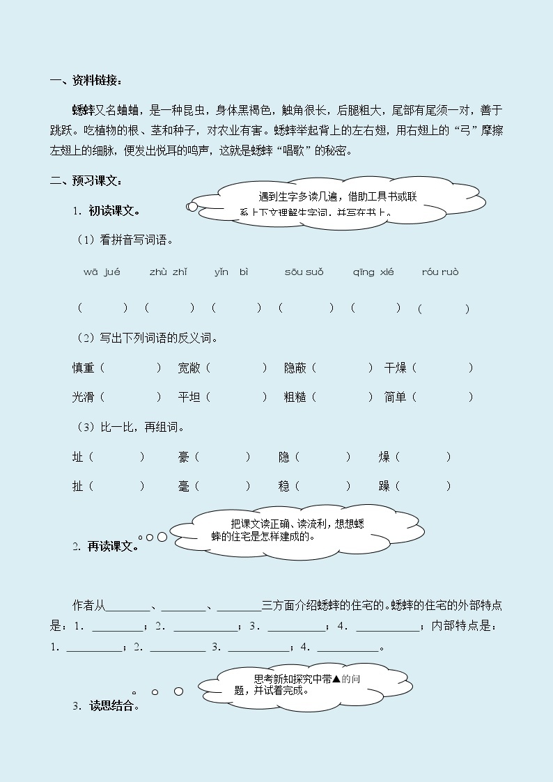 人教部编版（五四制）四年级上册语文 第三单元《蟋蟀的住宅》学案02