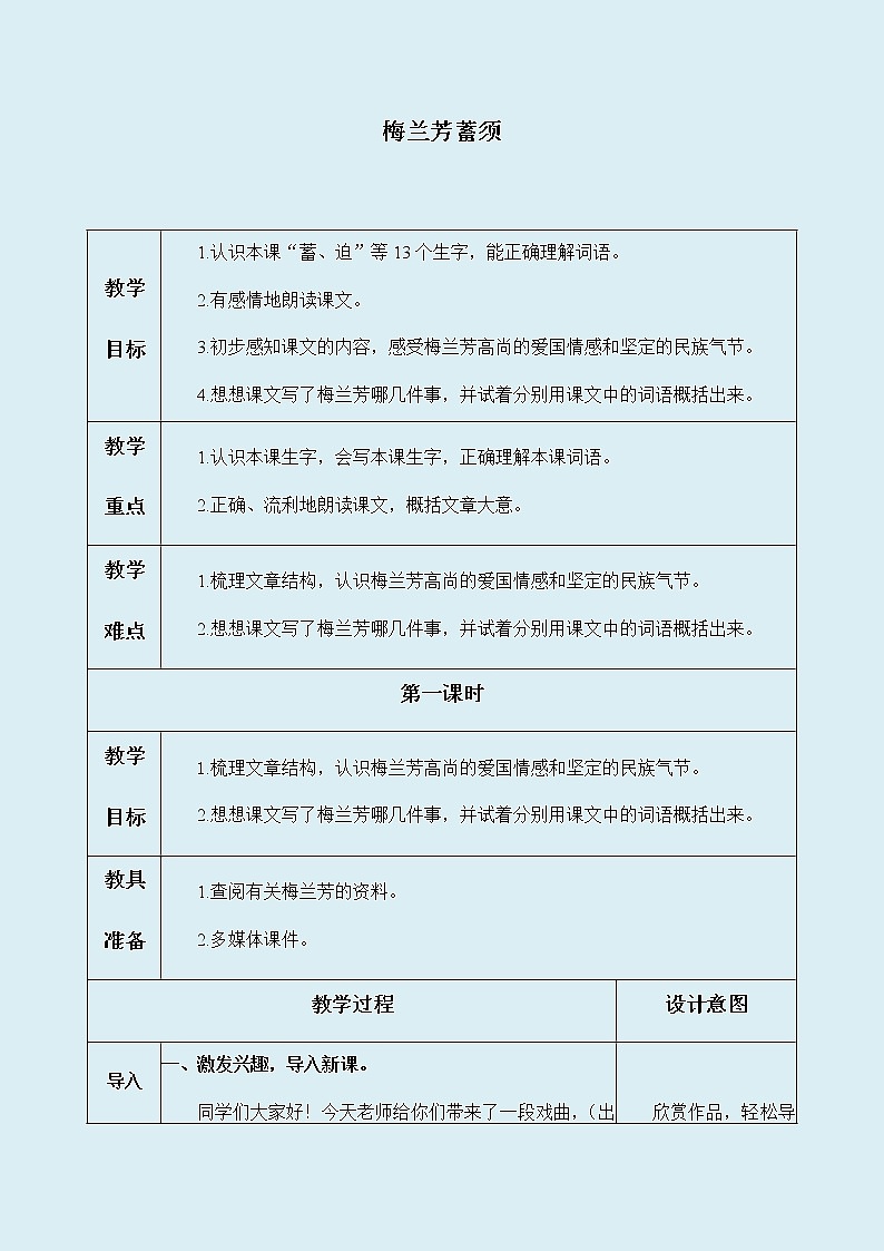 人教部編版(五四制)四年級上冊語文 第七單元《梅蘭芳蓄須》教案第1頁