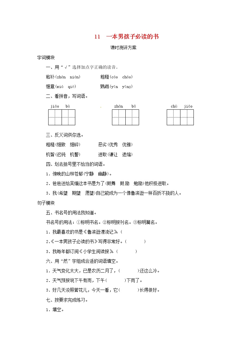 11一本男孩子必读的书  小学六年级语文上册课时测评含答案苏教版