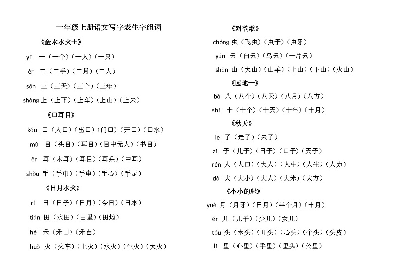 部编版 一年级上册 生字组词练习题第1页