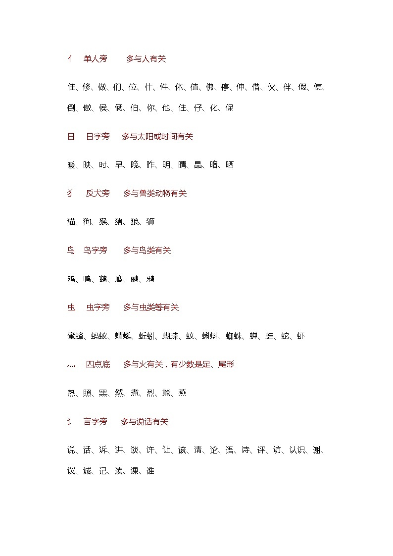 部编版二年级上册语文常见偏旁部首表学案02