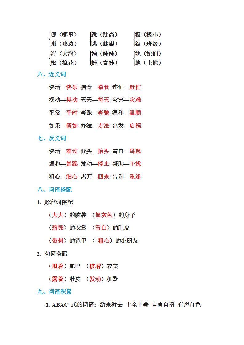 人教部编版二年级语文上册各单元知识总结02