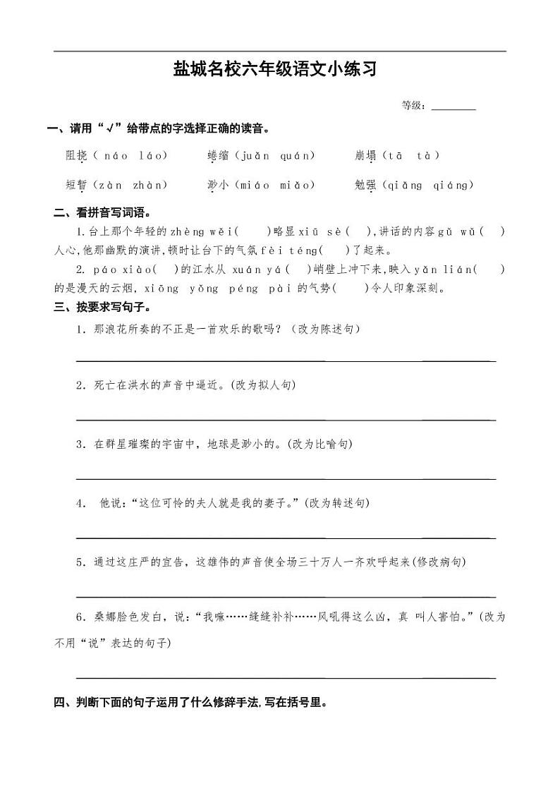 统编版盐城名校六年级语文期中小练习(PDF版 无答案)第1页
