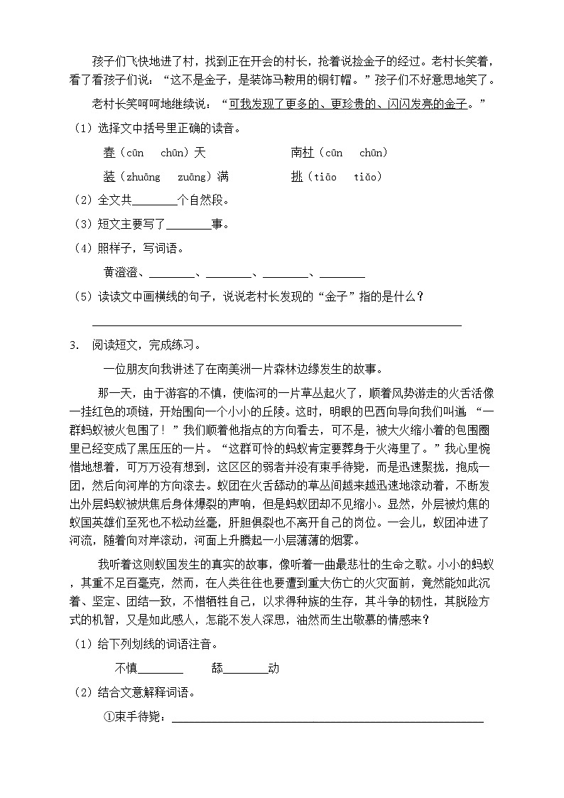 人教部编版三年级语文上册第八单元阅读训练(含答案)(5)第2页