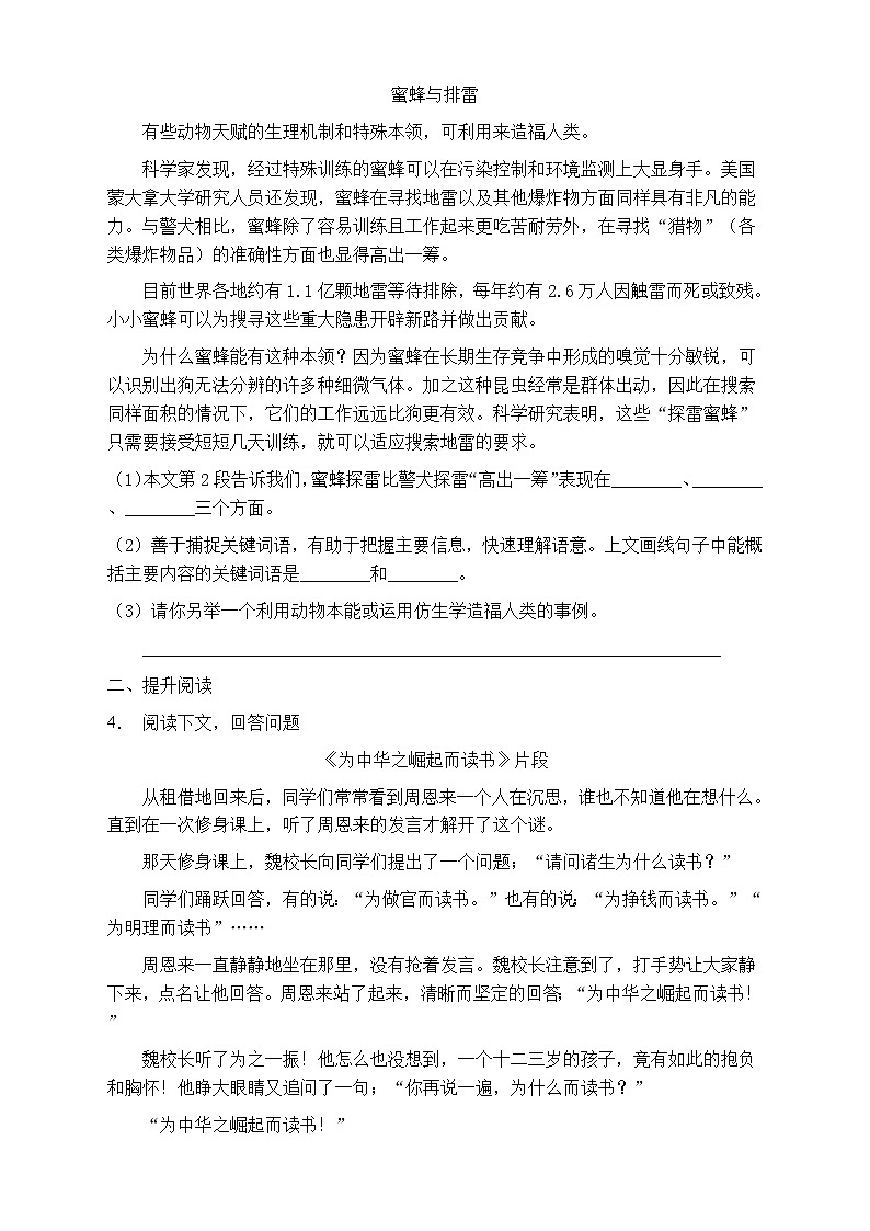 人教部编版四年级语文上册第六单元阅读训练(含答案)(11)第3页