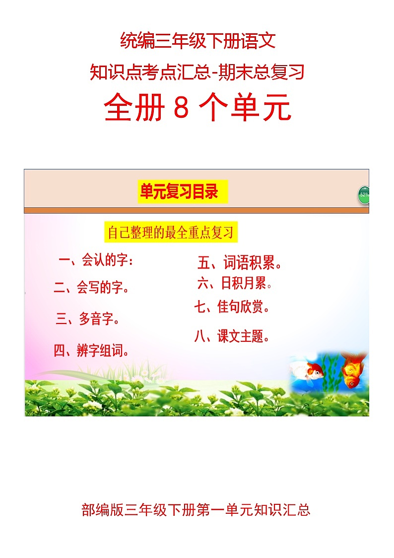 部编人教版三年级语文下册-期末全册知识汇总-总复习-【分单元重点整理】学案01