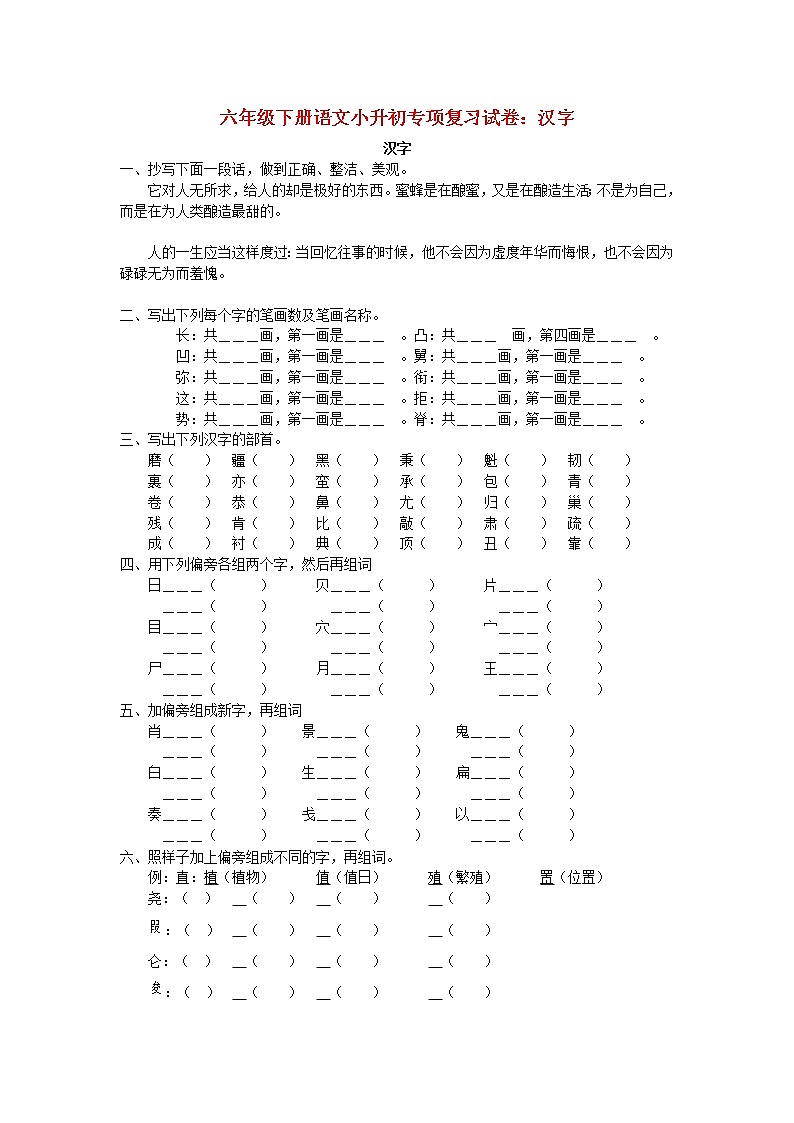 六年级语文下册小升初专项复习试卷汉字无答案01