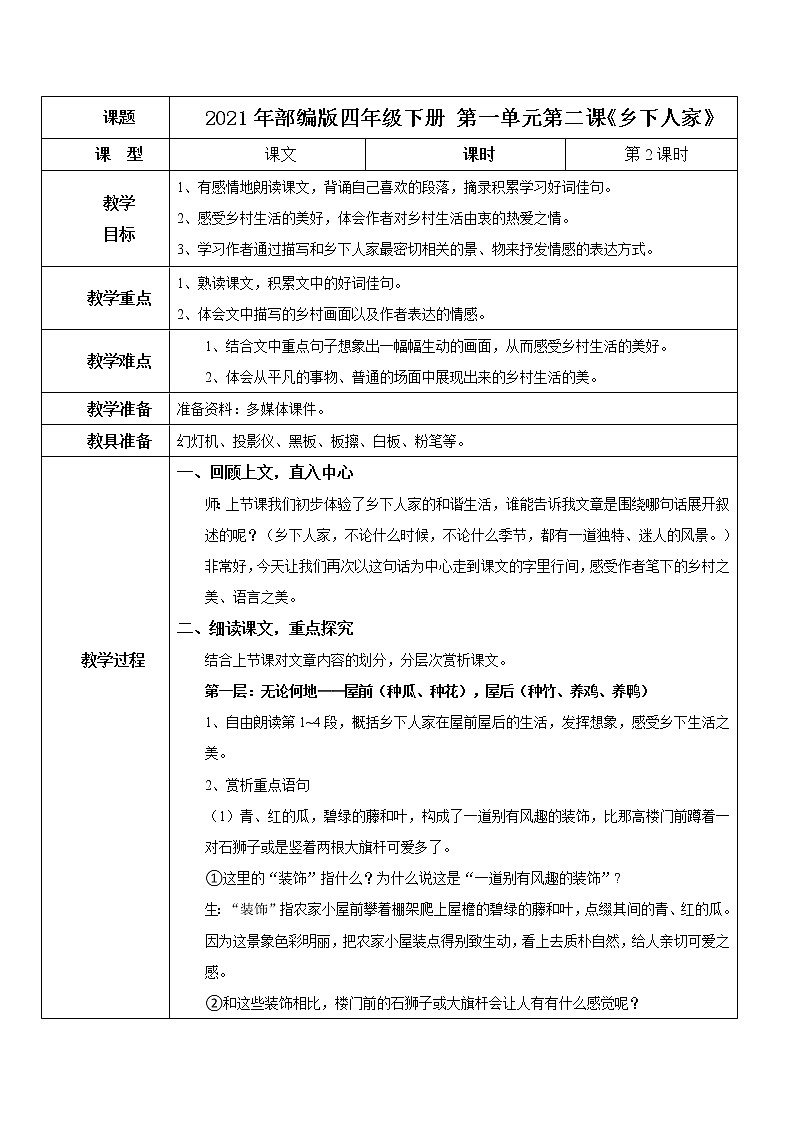 2021年部编版四年级下册《乡下人家》(第2课时)课件+教案+练习01