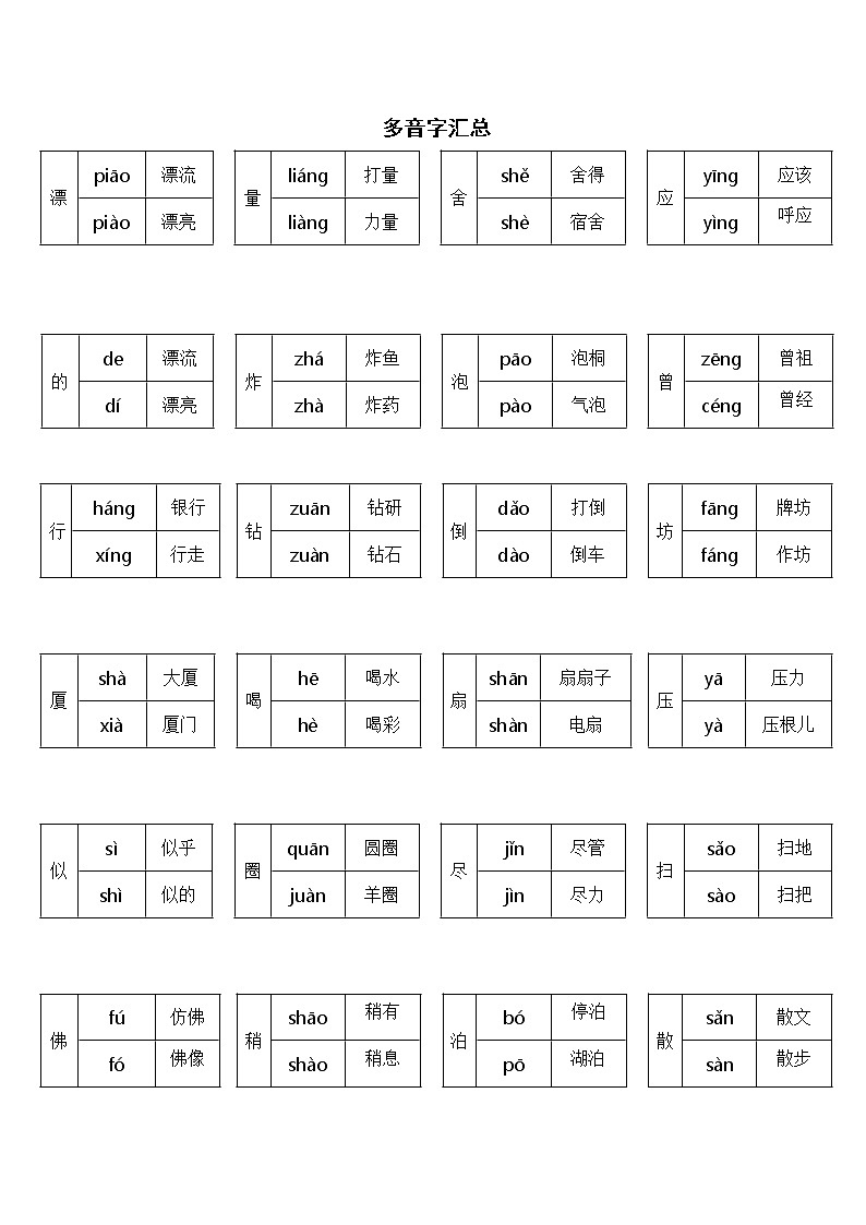 部编版二年级下册语文期末 多音字汇总学案01