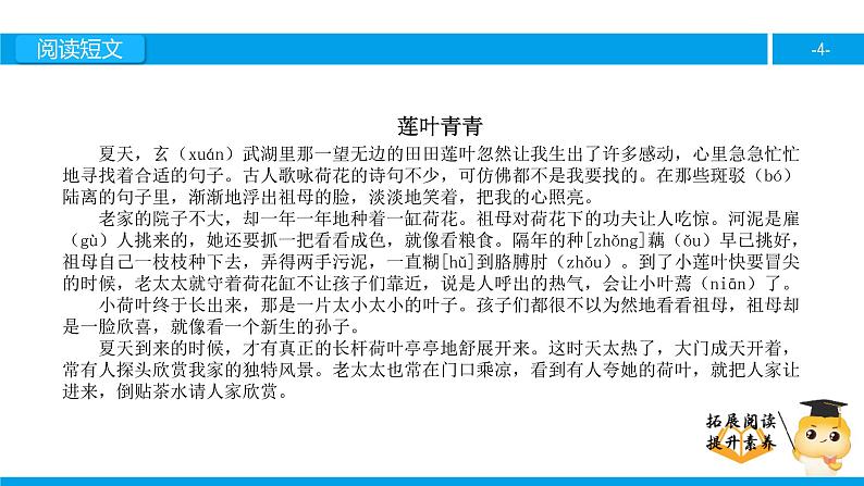 四年级【专项训练】课外阅读:莲叶青青(上)课件PPT第4页