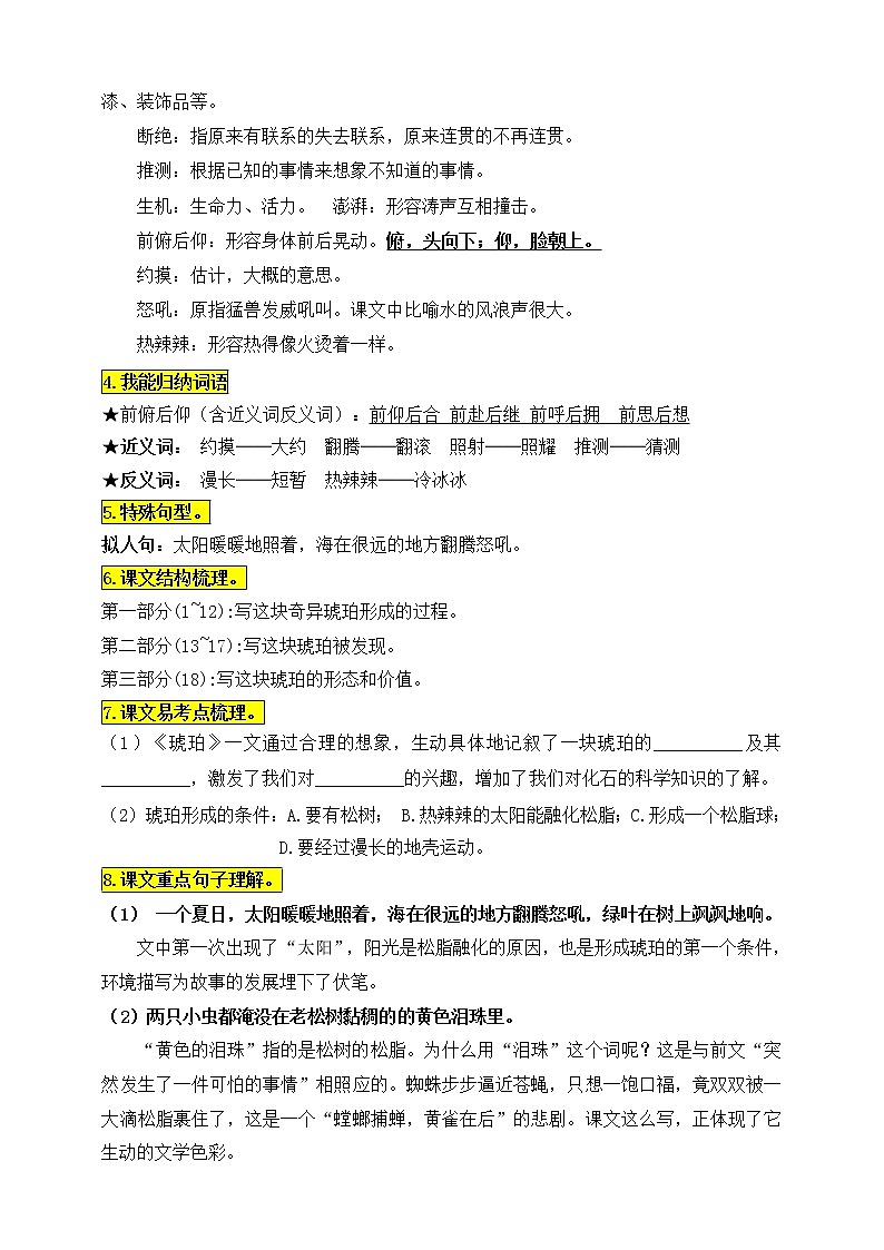 统编版四年级语文下册5.《琥珀》知识点易考点名师梳理学案02