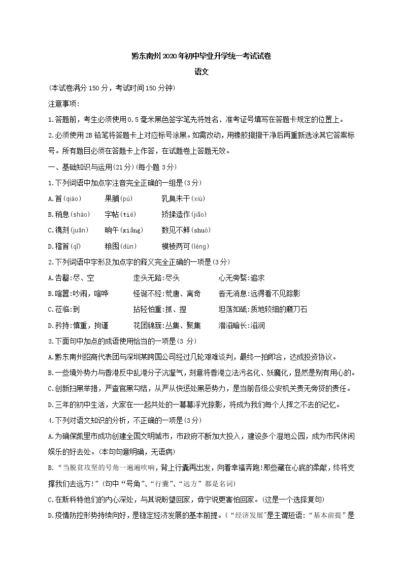 012-贵州省黔东南2020年毕业升学统一考试中考语文真题试卷