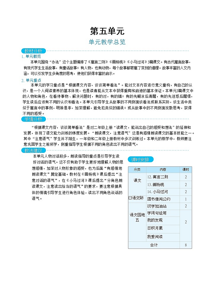 人教版二年级下册语文 第5单元 单元教学总览教案第1页