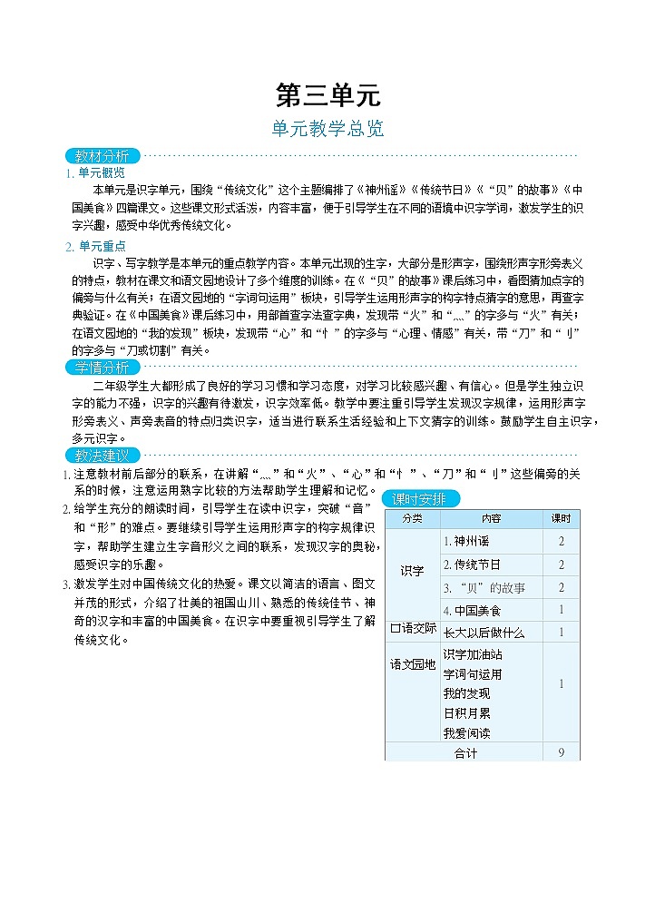 人教版二年级下册语文 第3单元 单元教学总览教案01