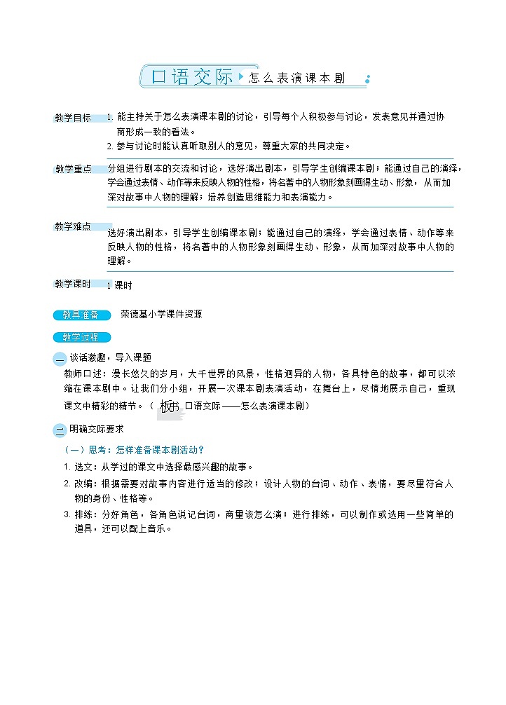 人教版五年级下册语文 第2单元 口语交际:怎么表演课本剧(教案)第1页