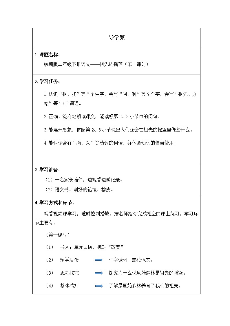 人教版(部编版)小学语文二年级下册 23.祖先的摇篮 学案01