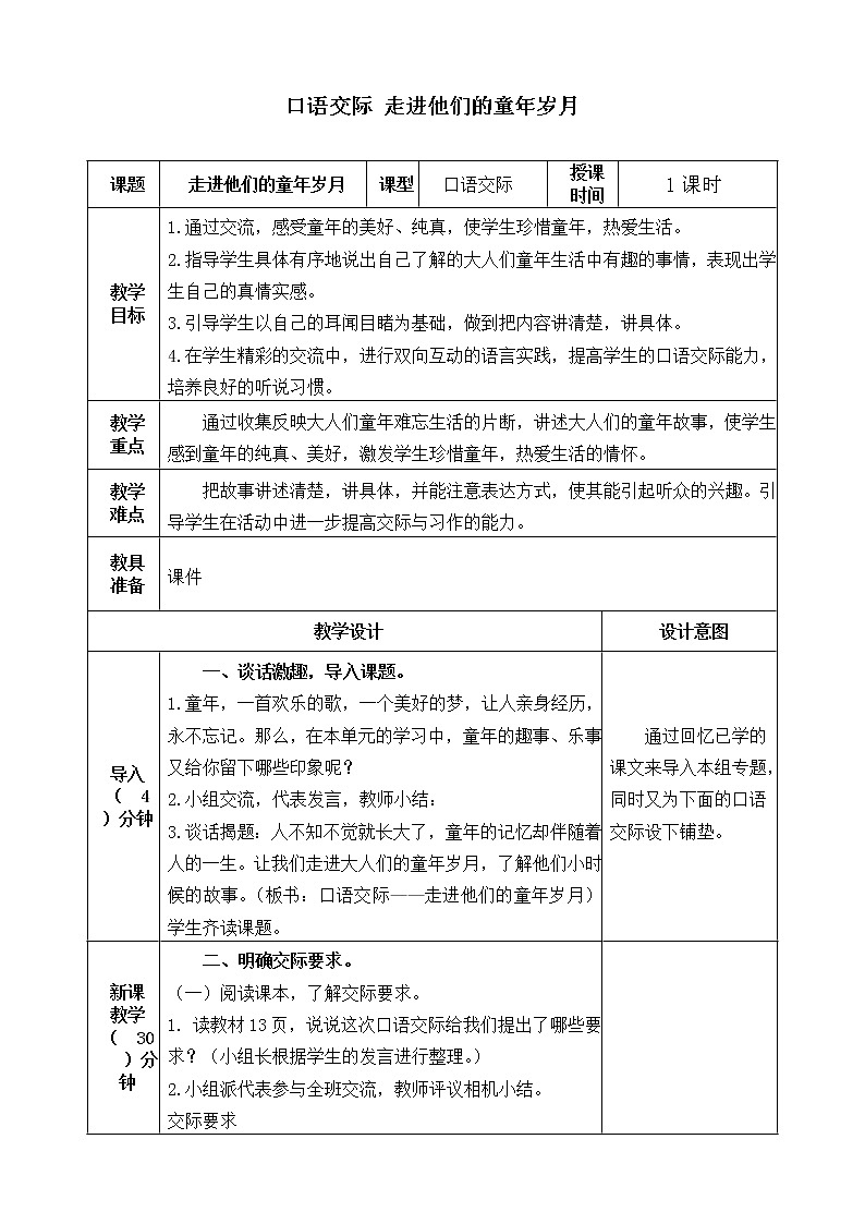 五下语文口语交际一:走进他们的童年岁月 课件+教案01