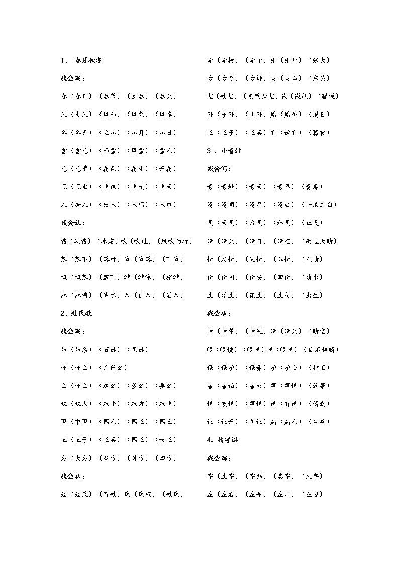 部编版一年级语文下册生字词《识字表》生字组词练习题第1页