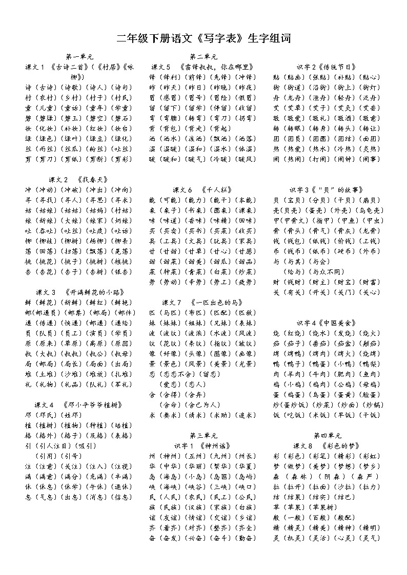 部编版语文二年级下册生字组词汇总练习题01