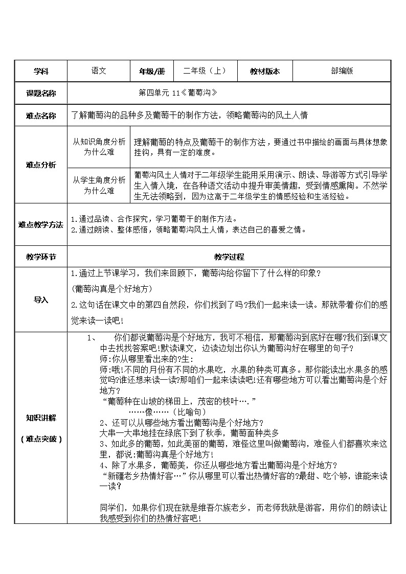 部编版语文二年级上册 11.葡萄沟 (2)(教案)01