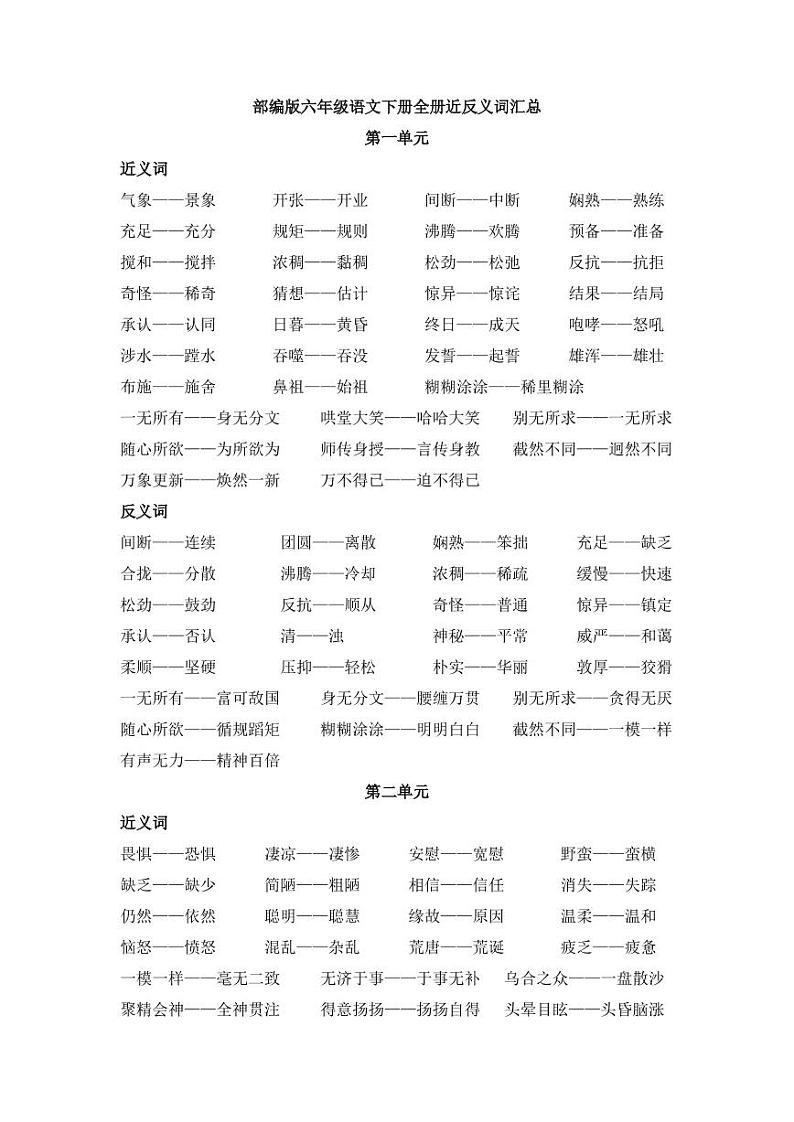 部编版六年级语文下册全册近反义词汇总 答案练习题第1页