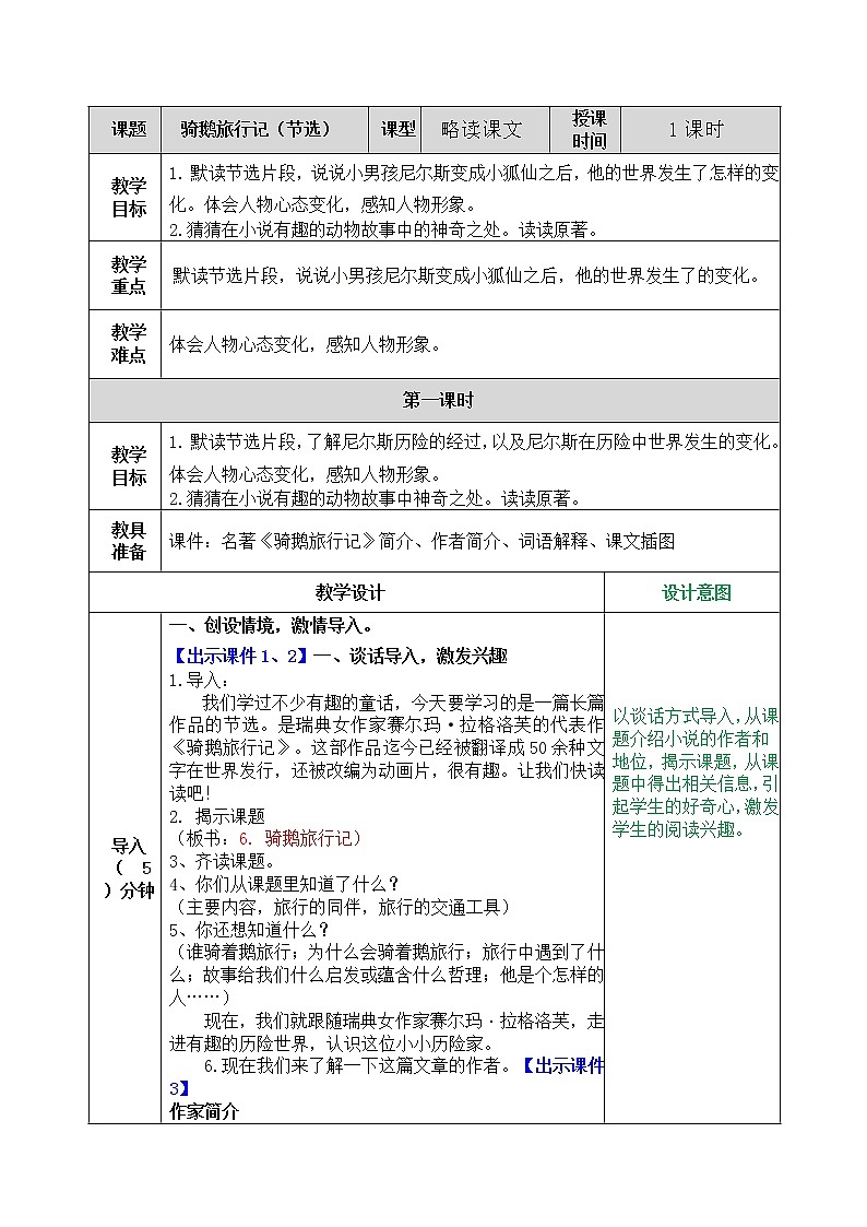 小学语文人教部编版 六年级下册 第二单元骑鹅旅行记(节选)教案01