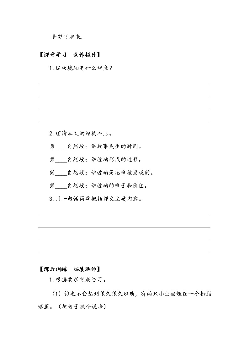 人教部編版   四年級下冊   第二單元   《琥珀》第一課時 學(xué)案第3頁