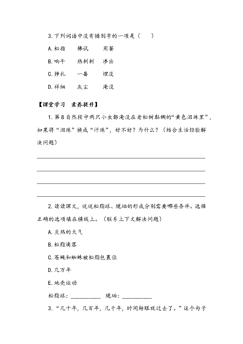 人教部編版   四年級下冊   第二單元   《琥珀》第二課時(shí) 學(xué)案教案第3頁