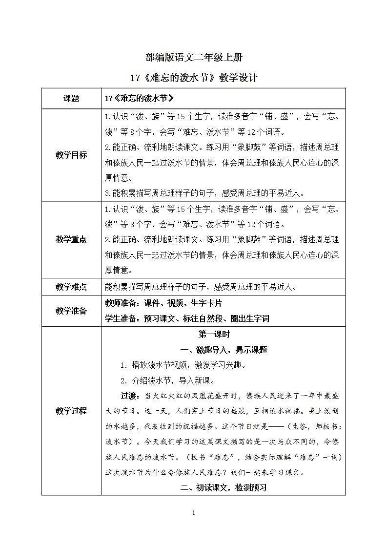 17《难忘的泼水节》课件PPT+生字课件+教案+音视频素材01